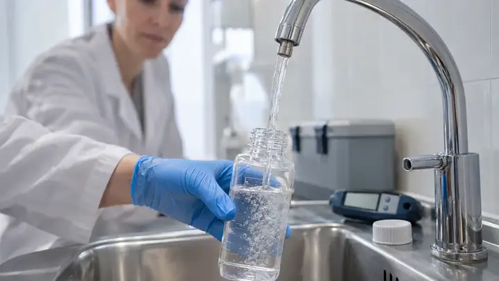 Kind dreht einen Wasserhahn auf, aus dem klares Trinkwasser fließt